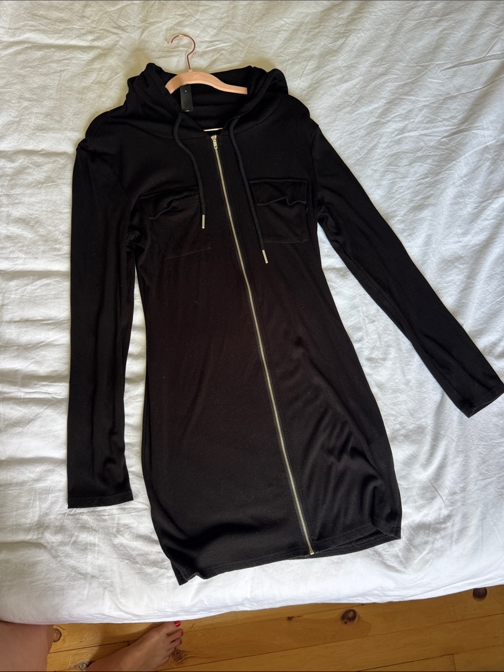 Women's Black Hooded Long-Sleeve Zip-Front Dress Sz XL But Fits Smaller